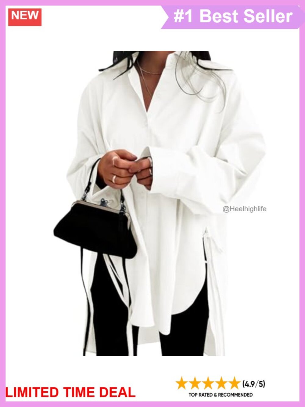 Oversized Button Down Shirt 100% Cotton Side Slits High Low Hem